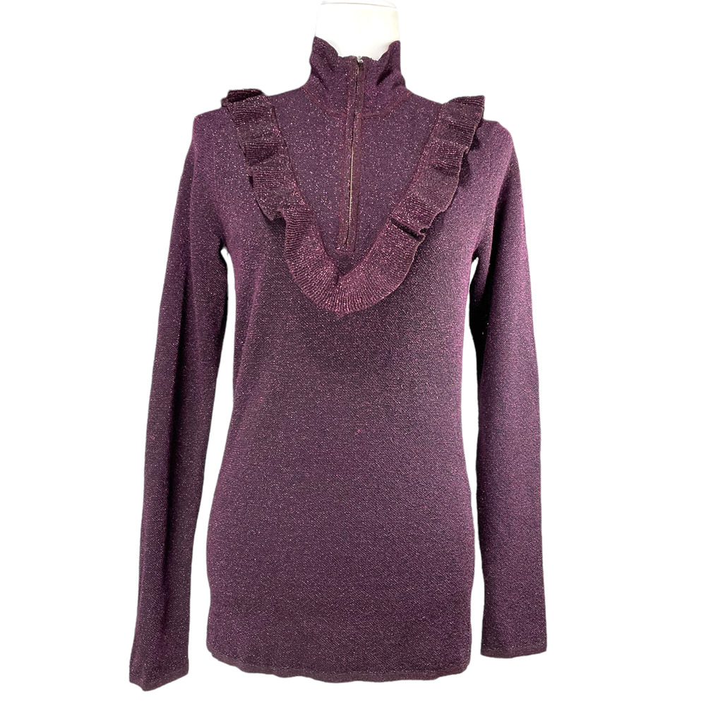 Second Female (Copenhagen) Knit High Zipper Neck Ruffle Metallic Sweater Size L